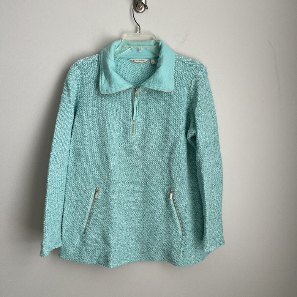 Soft Surroundings Teal Knit Westport 1/4 Zip Pullover Sweater